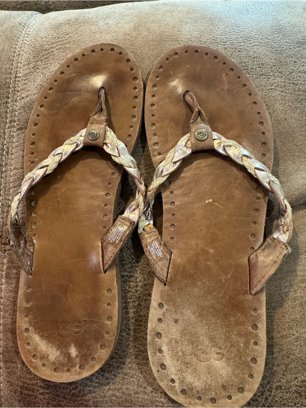 Braided Strap Brown Women's Leather Flip Flops